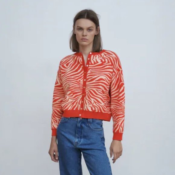 NWT Zara Zebra Orange Sweater Jacket Cardigan  Medium - Picture 5 of 12